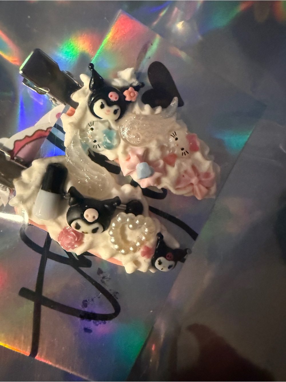 Cute Black & White Character Hair Clips - Pink & Cream hello kitty kuromi sanrio